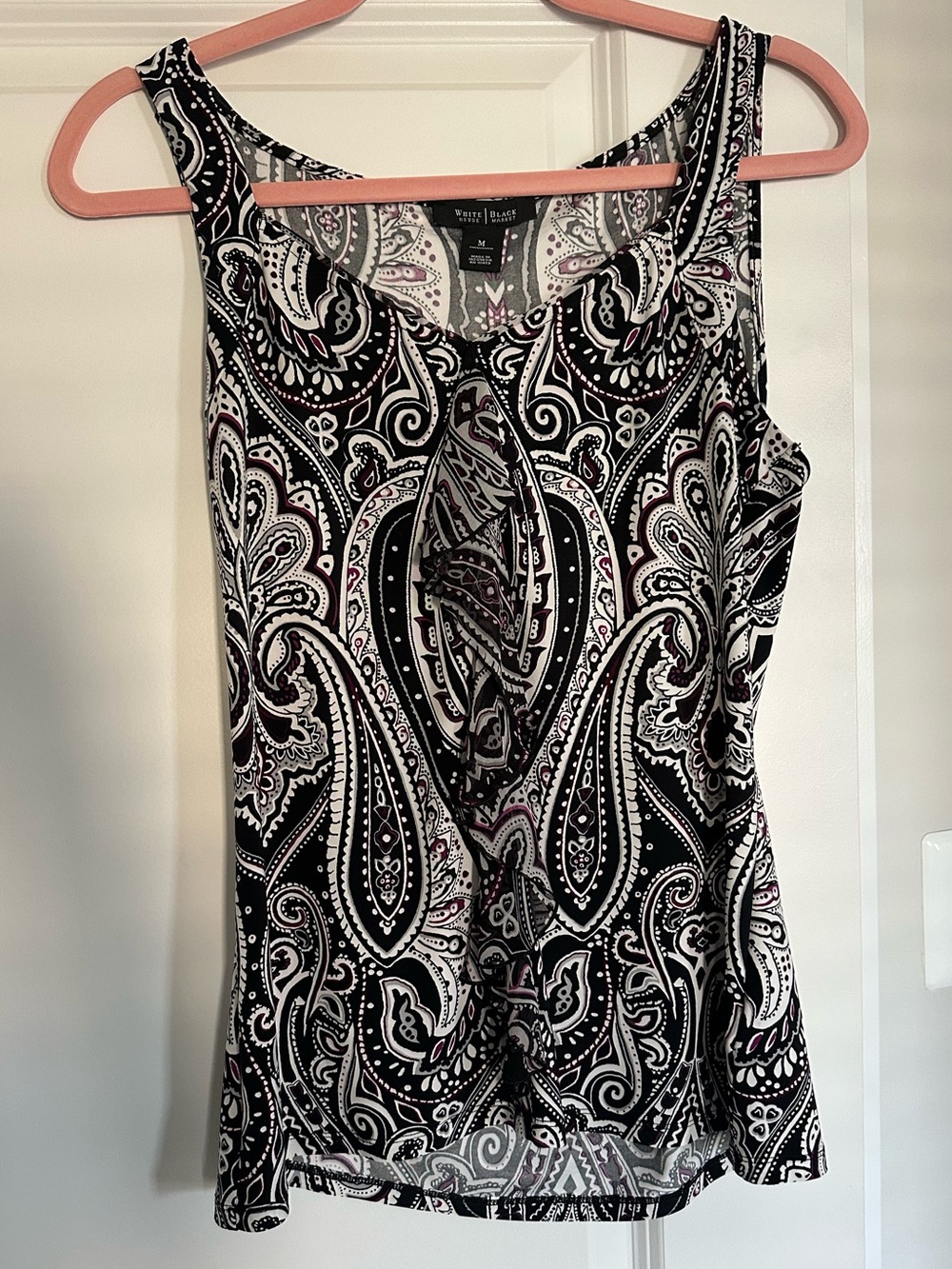 White House Black Market Black & White Paisley Knot-Front Tank